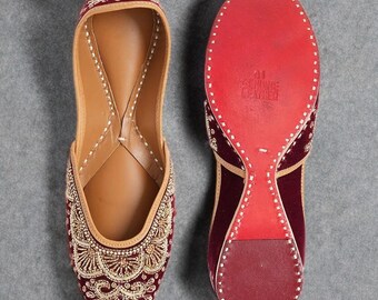 Maroon Gold Juttis | Bridal Mojari Flats | Embroidered Wedding Shoes