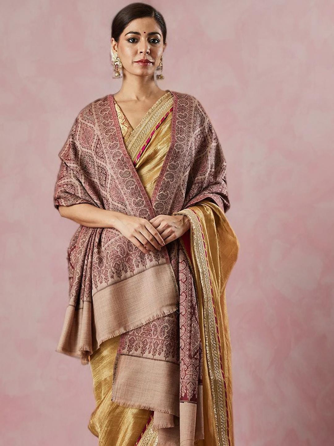 Beige Maroon Green Paisley Woven Shawl Fringed Border Wool Wrap