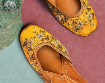 Mustard Gold Juttis | Wedding Party Flats | Embroidered Ethnic Footwear
