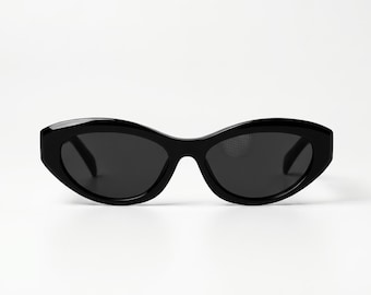 Raven Vale zwarte ovale cat-eye-zonnebril voor dames, Y2K smal frame donkere lenstinten, retro streetstyle zomerbrillen, minimalistische mode