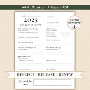 Könnte beinhalten: Eine druckbare PDF-Journalseite für 2025, die für Reflexion und Erneuerung konzipiert wurde. Die Seite enthält Aufforderungen zur Selbsteinschätzung, wie z. B. die emotionale Landschaft, die Lebensharmonie und wertvolle Schwierigkeiten. Das Design zeigt den Text "REFLECT RELEASE RENEW".