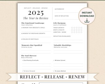 Podsumowanie roku – wydruk PDF – Minimalistyczny, uważny, podsumowanie roku | Arkusz refleksji, Moje słowo roku (do pobrania natychmiast)