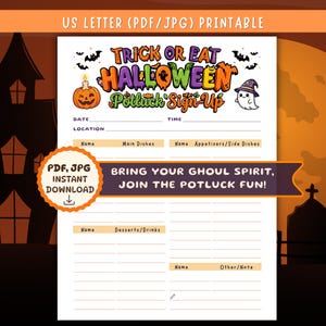 May include: A printable US Letter Halloween potluck sign-up sheet featuring the text Trick or Eat Halloween Potluck Sign-Up, a pumpkin, a ghost, and bats. It includes sections for names, main dishes, appetizers, desserts, and notes.