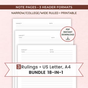 Zestaw szablonów do robienia notatek do druku, nagłówki z tematem i datą, format A4 (do pobrania w formacie PDF), liniatura college/szeroka/wąska | Notatki tematyczne