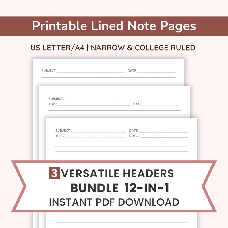 Printable Lined Note Paper BUNDLE | Subject/topic/notes/date Header ...