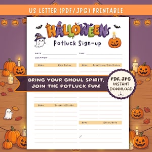 Pode incluir: Uma folha de inscrição para um potluck de Halloween imprimível em formato US Letter. O documento apresenta texto colorido, um fantasma e uma ilustração de abóbora. Inclui seções para data, hora, local e colunas para nomes e categorias de pratos.