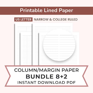 Paquete de papel rayado imprimible: 2 columnas, tamaño carta (descarga instantánea en PDF) / Rayado estrecho y universitario / + margen, 8+2 hojas adicionales (papel clásico)