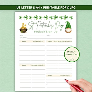 St.Patrick's Day Potluck Sign-Up Sheet | Watercolor Categorized Food (Printable PDF/JPG), Luncheon Party, A4/US Letter | Instant Download
