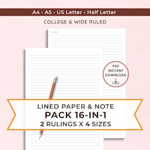 Printable Lined Paper Bundle: College & Wide Ruled, A4/A5/Letter Sizes (PDF) | 16-In-1 Included Classic Note (Instant Download)