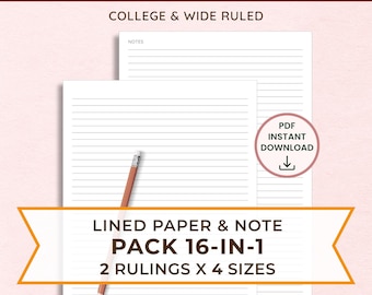 Printable Lined Paper Bundle: College & Wide Ruled, A4/A5/Letter Sizes (PDF) | 16-In-1 Included Classic Note (Instant Download)