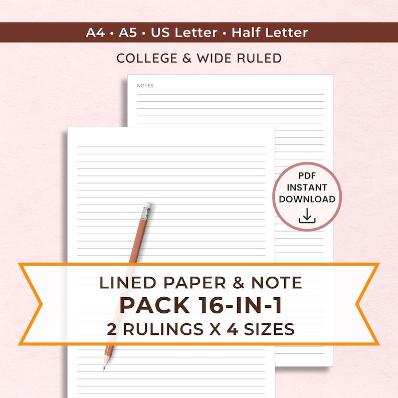 Printable Lined Paper Bundle: College & Wide Ruled, A4/a5/letter Sizes ...