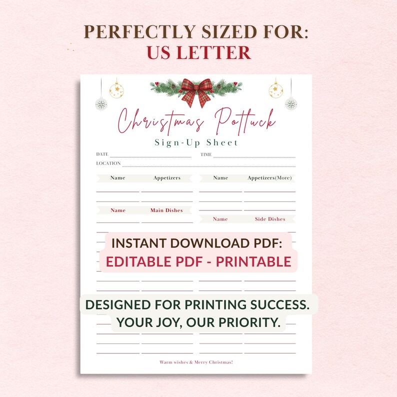 Christmas Potluck Sign-up Sheet - Editable, Categorized Food Planner ...