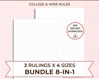 Printable Lined Paper Bundle: College & Wide Ruled, A4/A5/US Letter/Half Letter (PDF Instant Download), All 4 Sizes, 8-In-1 Core Writing