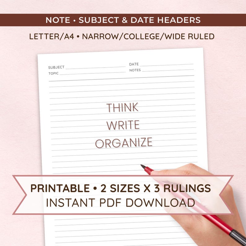 Structured College Ruled Template Printable Note Paper | Subject, Date Headers + Topic, College Ruled ...