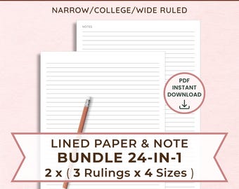 Printable Lined Paper Bundle of 3 Rulings: A4/A5/US Letter/Half Letter, Narrow/College/Wide Ruled | Instant PDF Download 24IN1 Included Note