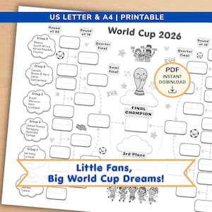 Op de afbeelding: Zwart-wit afdrukbare World Cup 2026 bracket met tekst "US LETTER & A4 | PRINTABLE". Bevat teamgroepen, wedstrijdstadia en de tekst "Little Fans, Big World Cup Dreams!". Beschikt over een PDF instant download icoon.