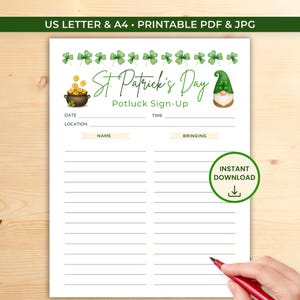 Könnte beinhalten: Ein ausdruckbares St. Patrick's Day Potluck-Anmeldeformular. Das Design umfasst Kleeblätter, einen Goldtopf und einen Kobold-Zwerg. Das Formular hat Felder für Datum, Uhrzeit, Ort, Name und was die Leute mitbringen.