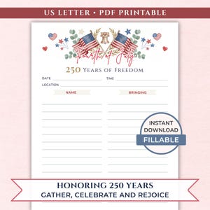 Puede incluir: Una hoja de registro imprimible en formato US Letter para un evento del 4 de julio. El encabezado presenta banderas estadounidenses, una campana de la libertad y estrellas en acuarela. El texto incluye Fourth of July, 250 Years of Freedom.