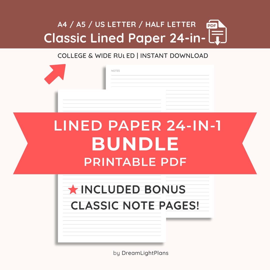 Printable Lined Paper Bundle: Narrow, College & Wide Ruled | A4/A5/US ...