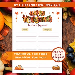 Thanksgiving Potluck Sign Up Sheet Printable (PDF/JPG US-Letter) Fall Family Dinner, Party Feast List, Holiday Gathering | Instant Download