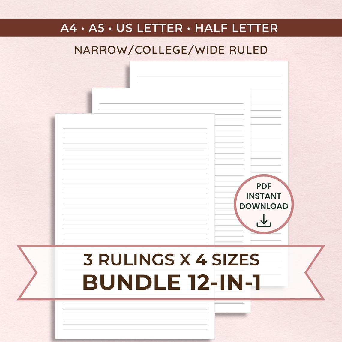 Printable Lined Paper College Wide & Narrow Ruled BUNDLE of 3 Rulings ...