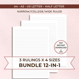Printable Lined Paper College Wide & Narrow Ruled BUNDLE of 3 Rulings: (A4, A5, USLetter, Half Sizes) | Instant PDF Download, ALL 12 Pages