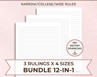Printable Lined Paper College Wide & Narrow Ruled BUNDLE of 3 Rulings: (A4, A5, USLetter, Half Sizes) | Instant PDF Download, ALL 12 Pages