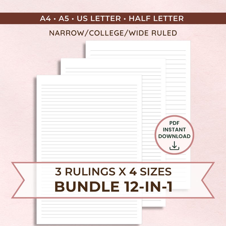 Lined Paper College Wide & Narrow Ruled BUNDLE of 3 Sizes: A4, A5, USLetter, Half Sizes | Printable -Instant PDF Download | ALL 12 Pages
Discover our thoughtfully designed Digital Lined Paper Note Set, your ultimate Lined Stationery page solution for organized thinking. Ideal for students needing distraction-free note templates, journal lovers, or anyone who simply appreciates the classic feel of letter writing paper.