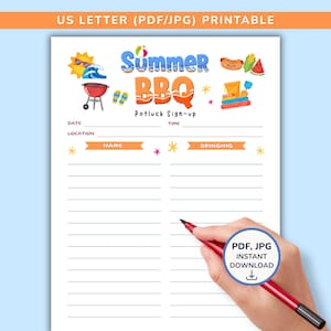 May include: A printable US Letter Summer BBQ potluck sign-up sheet featuring colourful illustrations of a grill, sun, watermelon, and beach items. The document includes fields for date, time, location, name, and bringing, with a red pen resting on it.