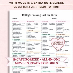 College Packing List for Girls (Printable PDF) Freshman Dorm Room Checklist Female, Colurful Tracker | A4 & US Letter • Instant Download