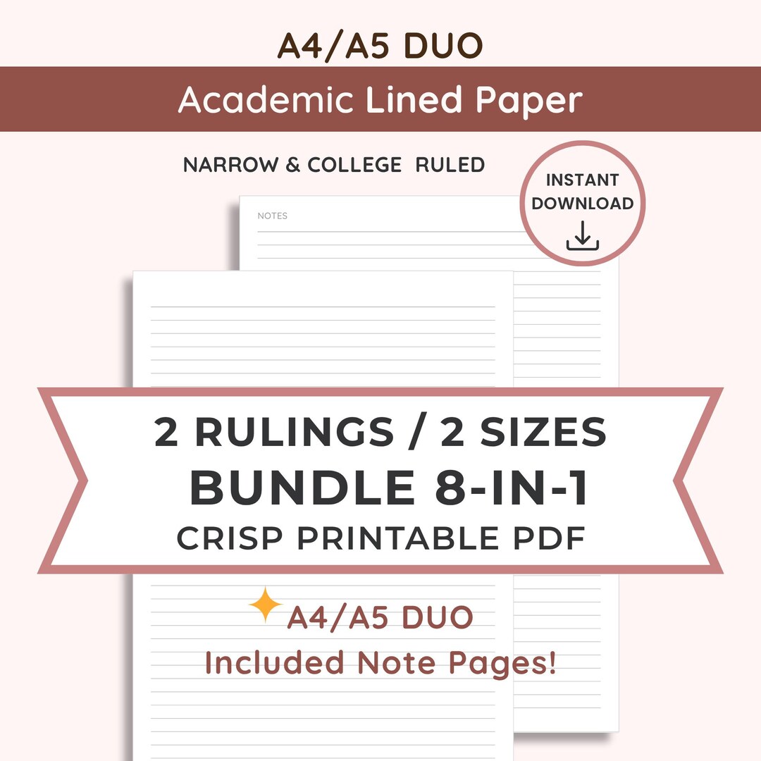 Note Paper Narrow Lined Paper Printable Bundle: A4/A5, Narrow & College Ruled ( Instant ...