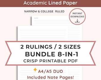 Lined Paper Printable Bundle: A4/A5, Narrow & College Ruled ( Instant Download PDF) | 8-In-1 Included Note Pages for Acadimic Study Lecture