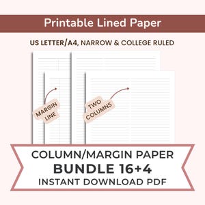 Paquete de papel rayado de 2 columnas: Carta EE. UU., A4 (PDF de descarga instantánea) / Rayado estrecho y universitario, + margen vertical, 16+4 hojas adicionales (papel clásico)