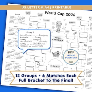 Puede incluir: Un cuadro de torneo imprimible para la Copa Mundial 2026 en papel blanco. Incluye listas de partidos de la fase de grupos, un esquema de eliminatorias, una ilustración de trofeo y texto que dice "US LETTER & A4 | PRINTABLE".