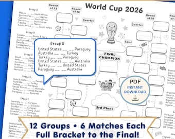 Wereldbeker 2026 bracket-tracker, groepswedstrijd voor kinderen (afdrukbaar pdf-bestand), blad voetbaltoernooi voor het hele gezin, directe download
