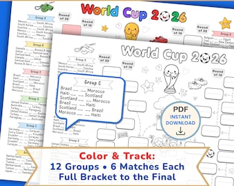 Tracker de support de football de la Coupe du monde 2026, page d'activité à colorier pour enfants kawaii (PDF imprimable), match de scène activité familiale, téléchargement immédiat