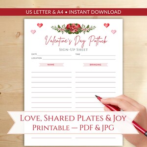 Könnte beinhalten: Ein Valentinstags-Potluck-Anmeldeformular mit floralen und herzförmigen Dekorationen. Das Formular enthält Felder für Datum, Ort, Uhrzeit, Name und was mitgebracht werden soll. Der Text oben lautet "US LETTER & A4 • INSTANT DOWNLOAD". Das Banner unten lautet "LOVE, SHARED PLATES & JOY PRINTABLE – PDF & JPG".