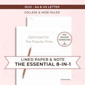 Printable Lined Paper College Wide Ruled, A4/US Letter (Instant PDF Download) • Included Classic Note | 8-In-1 Digital Paper-Note Bundle