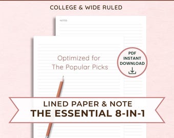 Printable Lined Paper College Wide Ruled, A4/US Letter (Instant PDF Download) • Included Classic Note | 8-In-1 Digital Paper-Note Bundle