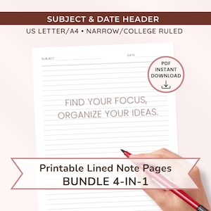 Printable Note Taking Lined Paper • Date & Subject Headers | US Letter/A4, Narrow/College Rule (PDF Instant Download) 4 Pages • 4-IN-1