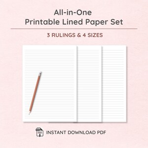 This versatile 12-in-1 Lined Paper Bundle is your ultimate writing companion, offering familiar, classic paper for every need. Easily print the ideal foundation for clear thoughts and detailed notes using the Narrow, College, or Wide Ruled layouts. A simple, high-quality printable tool in A4, A5, or Letter, Half sizes for effortless organization and comfortable writing.