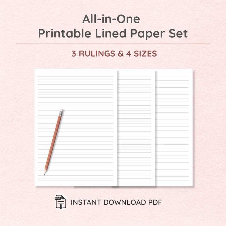 This versatile 12-in-1 Lined Paper Bundle is your ultimate writing companion, offering familiar, classic paper for every need. Easily print the ideal foundation for clear thoughts and detailed notes using the Narrow, College, or Wide Ruled layouts. A simple, high-quality printable tool in A4, A5, or Letter, Half sizes for effortless organization and comfortable writing.