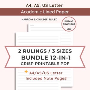 Printable Lined Paper Bundle of 3 Sizes: Narrow & College Ruled (Instant Download PDF) | A4/A5/US Letter | 12-In-1 Included Note Acadimic