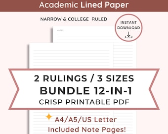 Printable Lined Paper Bundle of 3 Sizes: Narrow & College Ruled (Instant Download PDF) | A4/A5/US Letter | 12-In-1 Included Note Acadimic