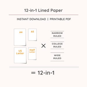 May include: A white graphic with the text "12-in-1 Lined Paper Note." The image shows different paper sizes: A4, A5, US Letter, and Half Letter. It also lists narrow, college, and wide ruled options.