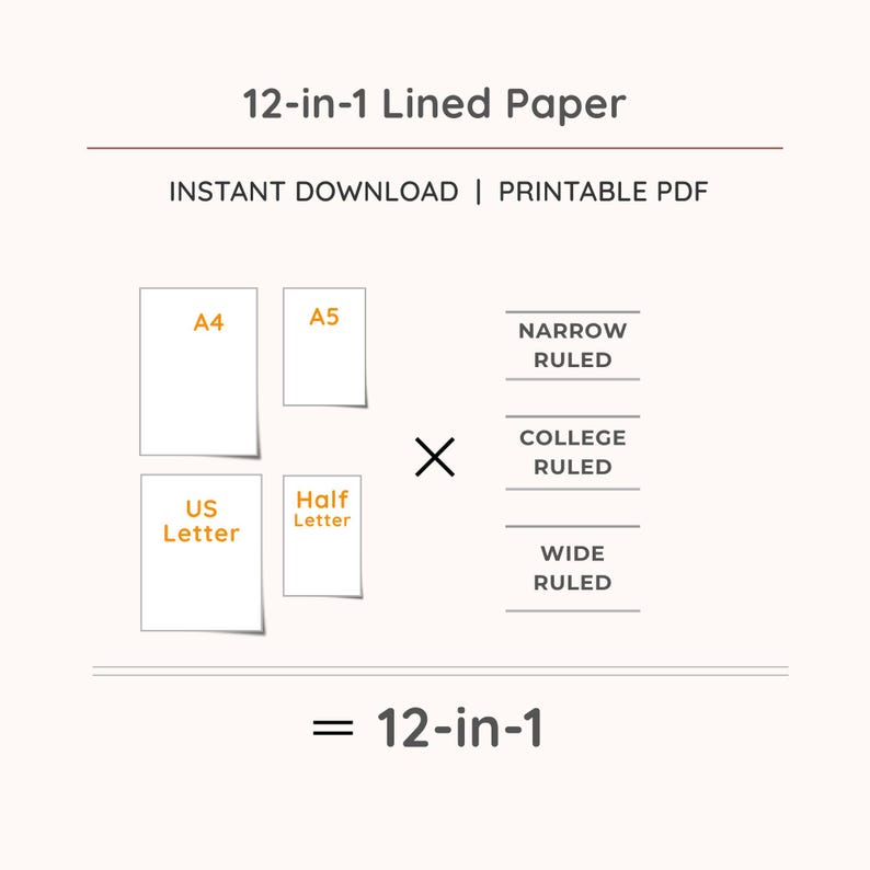May include: A white graphic with the text "12-in-1 Lined Paper Note." The image shows different paper sizes: A4, A5, US Letter, and Half Letter. It also lists narrow, college, and wide ruled options.
