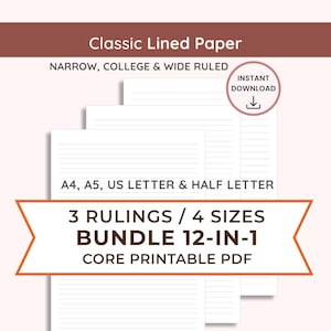 Printable Lined Paper BUNDLE of 3 Rulings: A4/A5/Letter/Half (Instant PDF Download) | Narrow, College & Wide Ruled | 12-in-1 for Writing