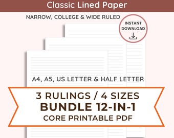 Printable Lined Paper BUNDLE of 3 Rulings: A4/A5/Letter/Half (Instant PDF Download) | Narrow, College & Wide Ruled | 12-in-1 for Writing