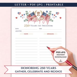 Puede incluir: Una hoja de registro imprimible para el 4 de julio con dos banderas estadounidenses, la Campana de la Libertad y follaje en acuarela. El texto dice Fourth of July, 250 Years of Freedom, con líneas para fecha, hora, lugar, nombre y aportación.