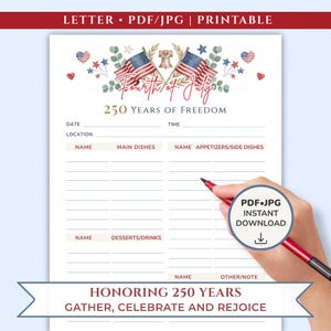 4th July Potluck Sign-Up Sheet • Watercolor, Patriotic Food Tracker Categorized (Printable PDF/JPG ), USA Office Party | Instant Download